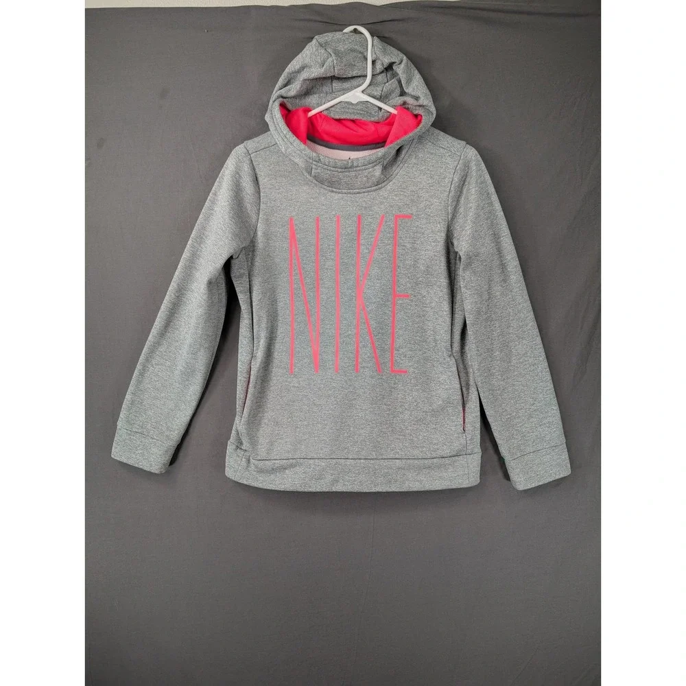 Nike Girls XL Dri-FIT Therma Pullover Hoodie‎ Gray Pink AJ6797-063